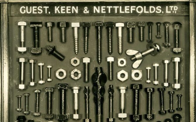 Nuts and bolts branded with Guest, Keen and Nettlefolds